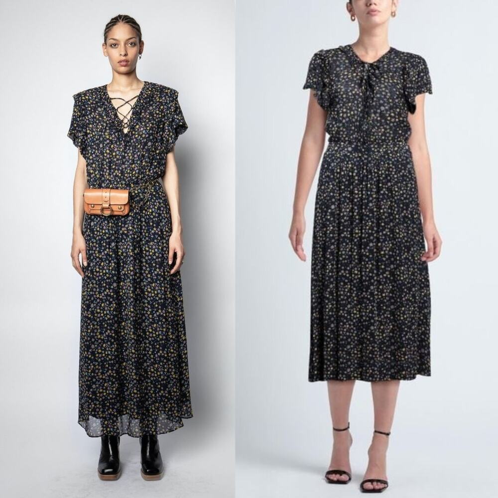 ZADIG & VOLTAIRE Rainy Crinkle Etoiles Maxi Dress Star Print Cottagecore Hippie